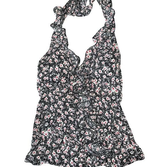 Mandee Ruffle Halter Top Womens L Black Floral Tie Neck Blouse Babydoll Y2K - Picture 1 of 8